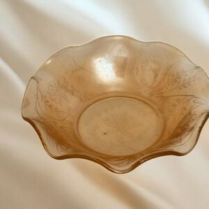Vintage Etched Glass Bowl – 6” Floral Scalloped Edge Depression-Style Amber Dish